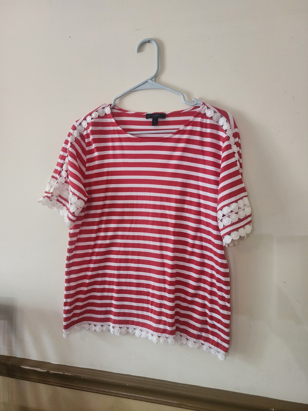 J. Crew Orangish-Red and White Striped Tee with Lace Pom Trim